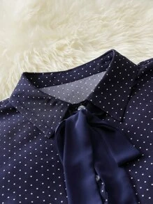 Mulvari Plus Polka Dot Print Tie Neck Blouse - Navy Blue - View 4