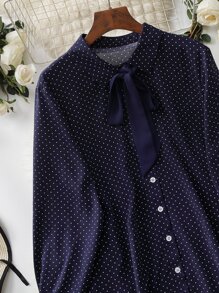 Mulvari Plus Polka Dot Print Tie Neck Blouse - Navy Blue - View 6