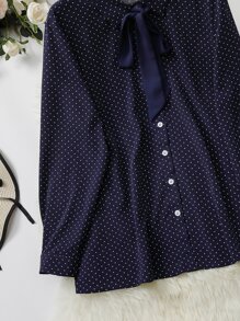 Mulvari Plus Polka Dot Print Tie Neck Blouse - Navy Blue - View 3