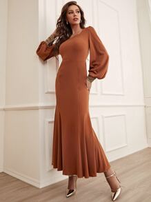 SHEIN Belle Váy phù dâu Tương phản ren Dây kéo màu trơn Hấp dẫn - Màu Cam cháy - Xem 1