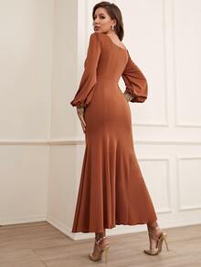 SHEIN Belle Váy phù dâu Tương phản ren Dây kéo màu trơn Hấp dẫn - Màu Cam cháy - Xem 2