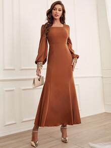 SHEIN Belle Váy phù dâu Tương phản ren Dây kéo màu trơn Hấp dẫn - Màu Cam cháy - Xem 3