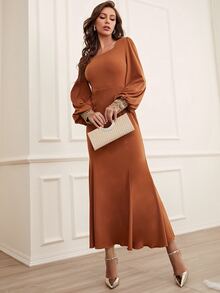 SHEIN Belle Váy phù dâu Tương phản ren Dây kéo màu trơn Hấp dẫn - Màu Cam cháy - Xem 4