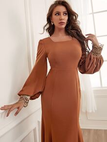 SHEIN Belle Váy phù dâu Tương phản ren Dây kéo màu trơn Hấp dẫn - Màu Cam cháy - Xem 5