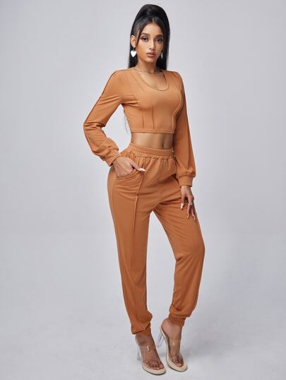 SHEIN SXY Stitch Trim Crop Top & Sweatpants Set