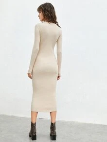 SHEIN Solid Rib-knit Bodycon Jumper Dress - Beige - View 2
