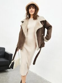 SHEIN Solid Rib-knit Bodycon Jumper Dress - Beige - View 3