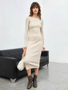 SHEIN Solid Rib-knit Bodycon Jumper Dress - Beige - View 5