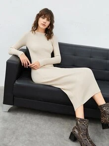 SHEIN Solid Rib-knit Bodycon Jumper Dress - Beige - View 6