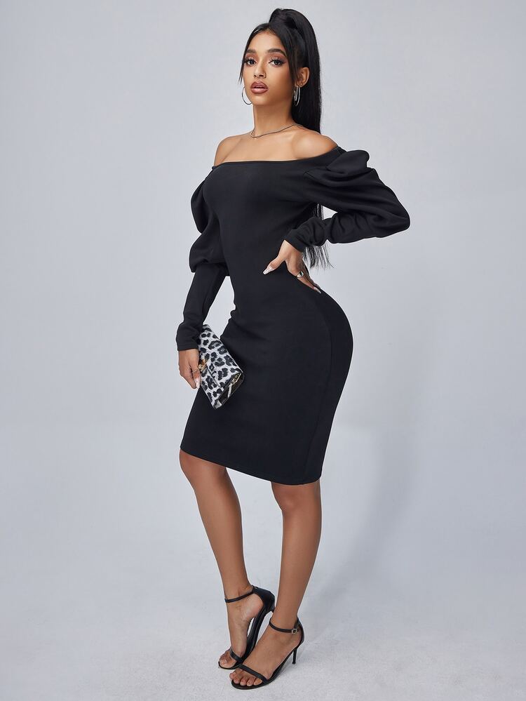 SHEIN SXY Off Shoulder Gigot Sleeve Bodycon Dress - Black - View 3