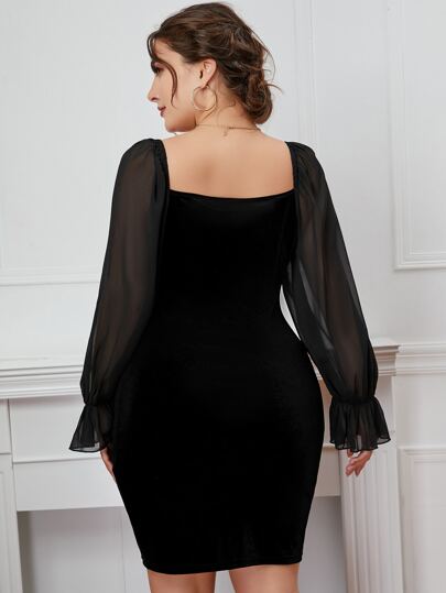 Plus Size Elegant Knee-Length Dress With Chiffon Sleeves, Velvet Fabric, Sweetheart Neck And Lantern Sleeves, Suitable For Outings And Gatherings