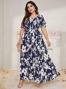 Mulvari Vestido tipo maxi con mangas abullonadas, escote con volantes y estampado floral para mujer de tallas grandes
