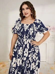 Mulvari Vestido tipo maxi con mangas abullonadas, escote con volantes y estampado floral para mujer de tallas grandes