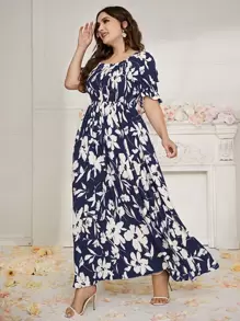 Mulvari Vestido tipo maxi con mangas abullonadas, escote con volantes y estampado floral para mujer de tallas grandes
