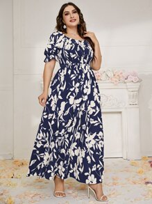 Mulvari Vestido tipo maxi con mangas abullonadas, escote con volantes y estampado floral para mujer de tallas grandes