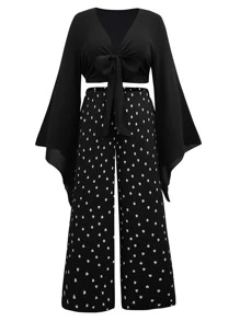 大碼喇叭袖前打結上衣和點點圖案闊腿褲 - 黑色 - 查看 1
