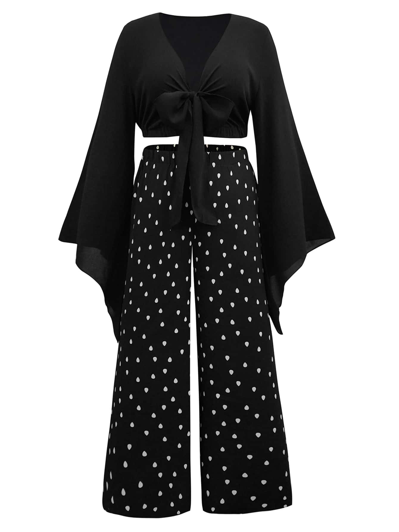 大碼喇叭袖前打結上衣和點點圖案闊腿褲 - 黑色 - 查看 1