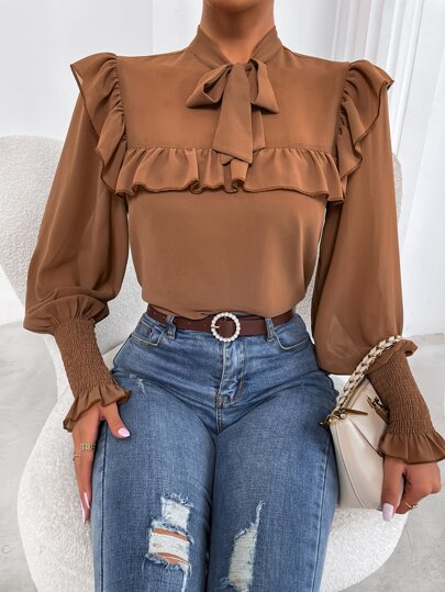 ソリッド シール フリルトリム タイネック トップス
