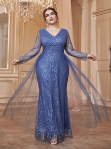 SHEIN Belle Váy phù dâu Plus Tương phản Mesh màu trơn Hấp dẫn - Màu xanh lam - Xem 1