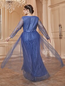 SHEIN Belle Váy phù dâu Plus Tương phản Mesh màu trơn Hấp dẫn - Màu xanh lam - Xem 2