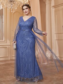 SHEIN Belle Váy phù dâu Plus Tương phản Mesh màu trơn Hấp dẫn - Màu xanh lam - Xem 3