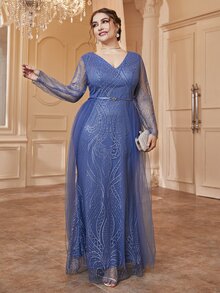 SHEIN Belle Váy phù dâu Plus Tương phản Mesh màu trơn Hấp dẫn - Màu xanh lam - Xem 4