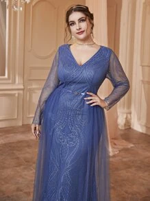 SHEIN Belle Váy phù dâu Plus Tương phản Mesh màu trơn Hấp dẫn - Màu xanh lam - Xem 5