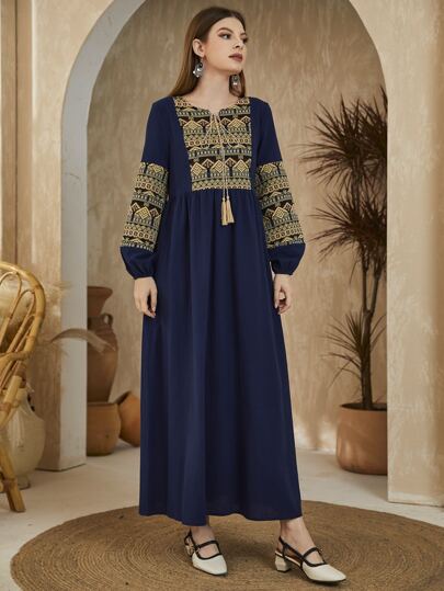 Al Najma Geo Print Tassel Tie Neck Lantern Sleeve Modest Long Sleeve Dress