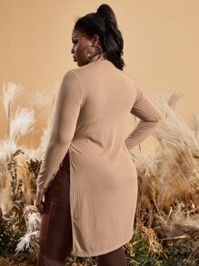 SHEIN SXY 大碼小高領前繫帶高低下擺上衣 - 卡其色 - 查看 2