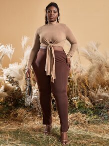 SHEIN SXY 大碼小高領前繫帶高低下擺上衣 - 卡其色 - 查看 3