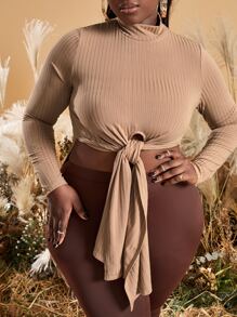 SHEIN SXY 大碼小高領前繫帶高低下擺上衣 - 卡其色 - 查看 5