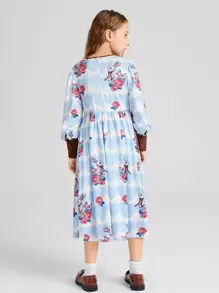 SHEIN Girls A-Line Rabbit & Floral Print Contrast Trim Dress - Multicolor - View 2