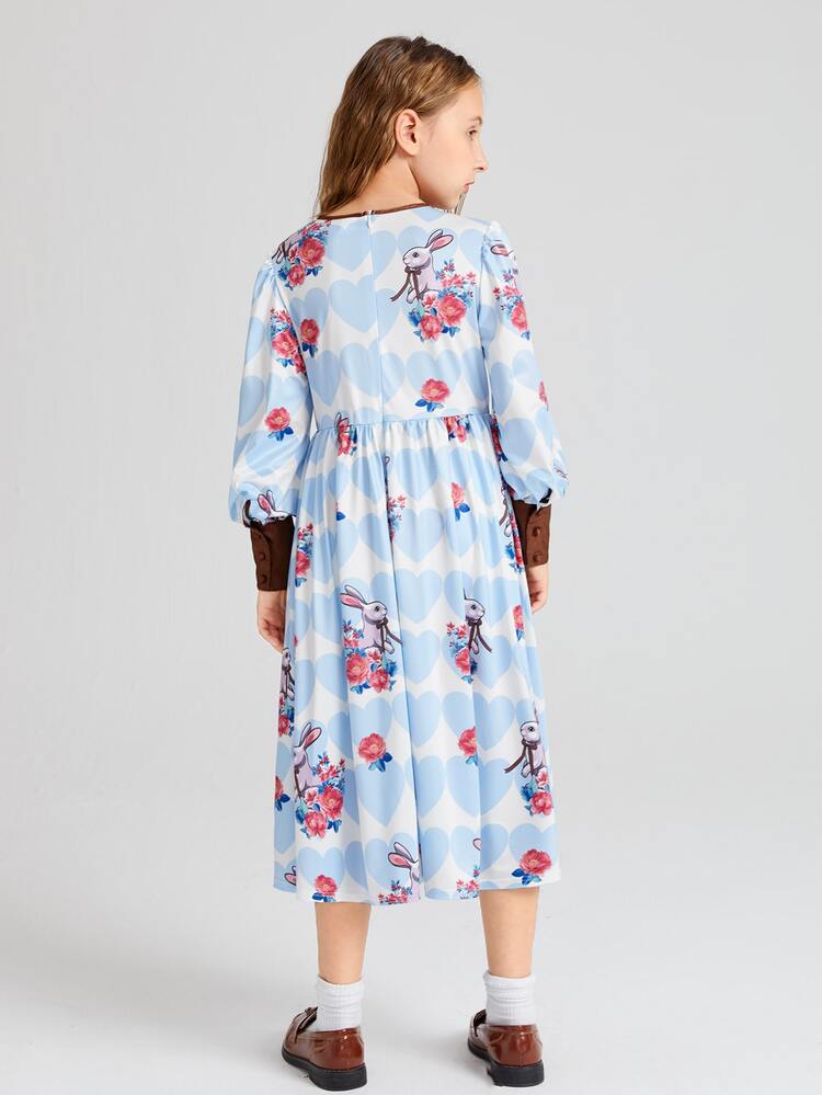 SHEIN Girls A-Line Rabbit & Floral Print Contrast Trim Dress - Multicolor - View 2