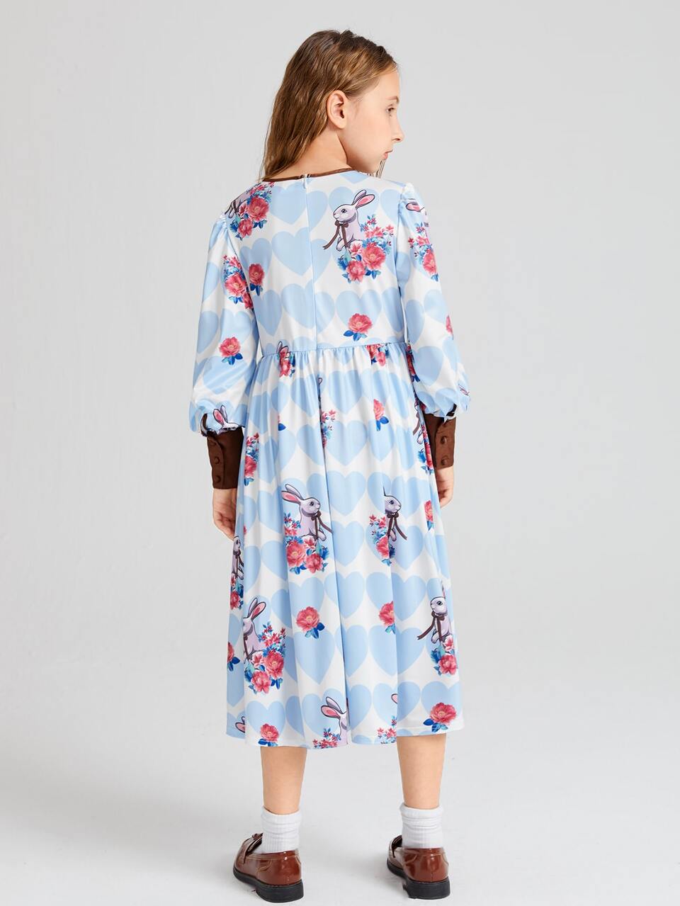 Girls A-Line Rabbit & Floral Print Contrast Trim Dress