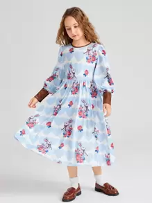 SHEIN Girls A-Line Rabbit & Floral Print Contrast Trim Dress - Multicolor - View 3