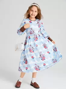 SHEIN Girls A-Line Rabbit & Floral Print Contrast Trim Dress - Multicolor - View 4