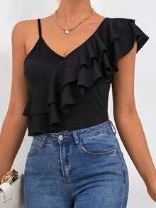 Asymmetrical Neck Ruffle Trim Top - Black - View 3