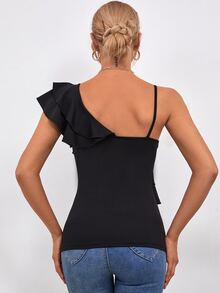 Asymmetrical Neck Ruffle Trim Top - Black - View 2