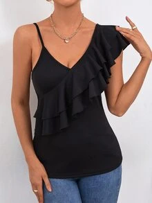 Asymmetrical Neck Ruffle Trim Top - Black - View 4