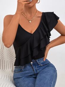 Asymmetrical Neck Ruffle Trim Top - Black - View 1