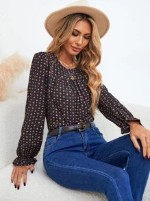 SHEIN LUNE 滿版圖案荷葉袖襯衫 - 彩色 - 查看 1