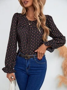 SHEIN LUNE 滿版圖案荷葉袖襯衫 - 彩色 - 查看 5