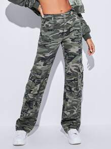 SHEIN Tall 迷彩印花側翻蓋口袋工裝牛仔褲 - 彩色 - 查看 1