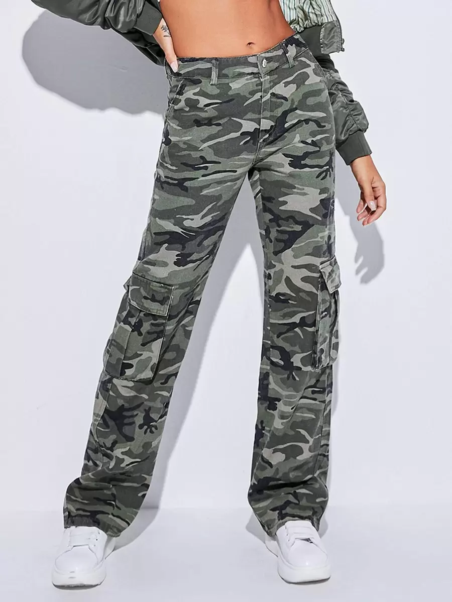 SHEIN Tall 迷彩印花側翻蓋口袋工裝牛仔褲 - 彩色 - 查看 1