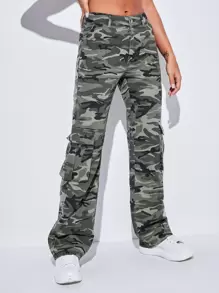 SHEIN Tall 迷彩印花側翻蓋口袋工裝牛仔褲 - 彩色 - 查看 3