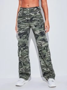 SHEIN Tall 迷彩印花側翻蓋口袋工裝牛仔褲 - 彩色 - 查看 6