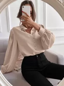 SHEIN Unity 燈籠袖前排扣襯衫 - 杏色 - 查看 3