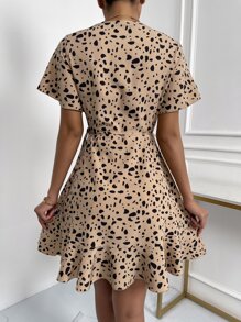 SHEIN LUNE Dalmatian Print Butterfly Sleeve Ruffle Trim Wrap Knot Side Dress - Khaki - View 2