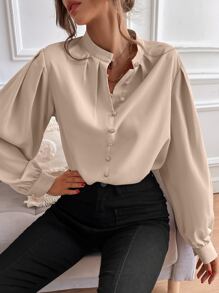 SHEIN Unity 燈籠袖前排扣襯衫 - 杏色 - 查看 4
