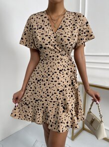 SHEIN LUNE Dalmatian Print Butterfly Sleeve Ruffle Trim Wrap Knot Side Dress - Khaki - View 5